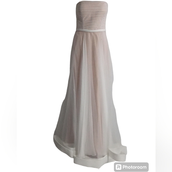 La Femme Blush Mesh Overlay Strapless Formal A Line Nude Illusion Evening Gown - Picture 1 of 9